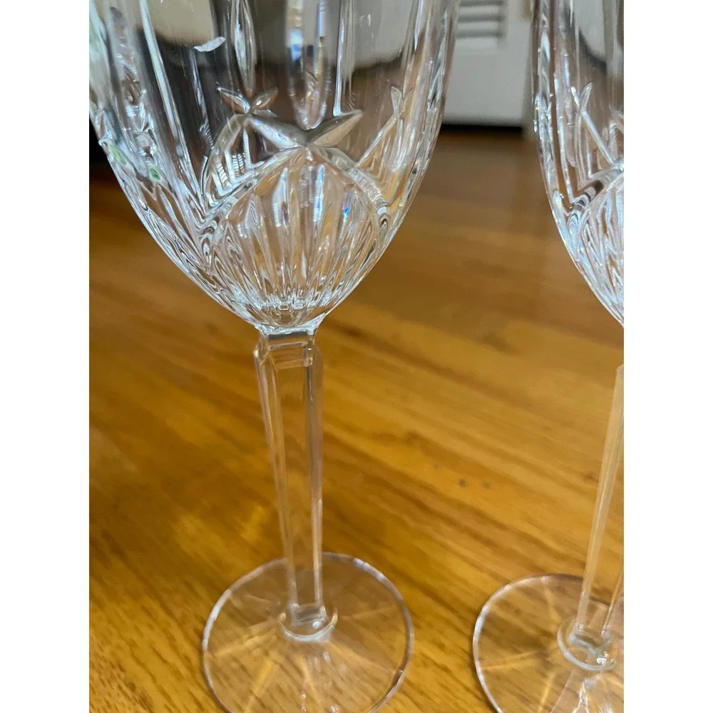 Vintage Lead Crystal Wine Glasses Gold Rim Starburst Cut Glass Stemware Set of 2